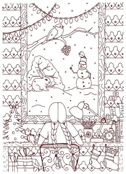 Vektor Illustration zen verwirren Weihnachten, kleines Mädchen sitzt am Tisch. Doodle-Zeichnung. Meditative Übungen. Malbuch gegen Stress für Erwachsene. schwarz-weiß. Stockillustration