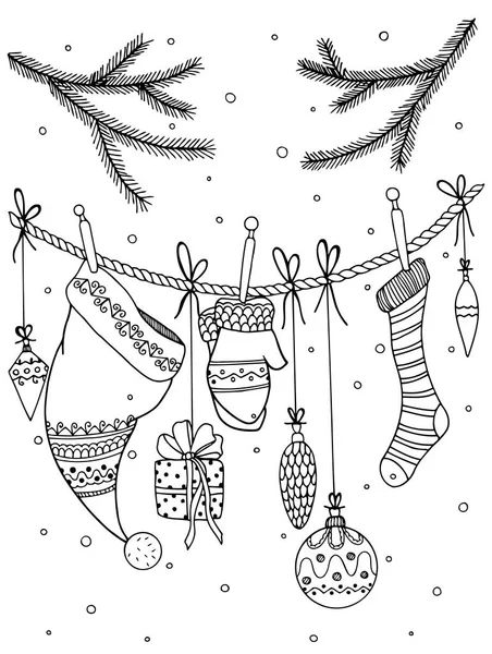 Vektor Illustration von Weihnachten, Neujahr zentangl Elemente hängen an einem Seil.. Doodle Zeichnung. Malbuch gegen Stress für Erwachsene. Meditationsübungen. schwarz-weiß. lizenzfreie Stockillustrationen