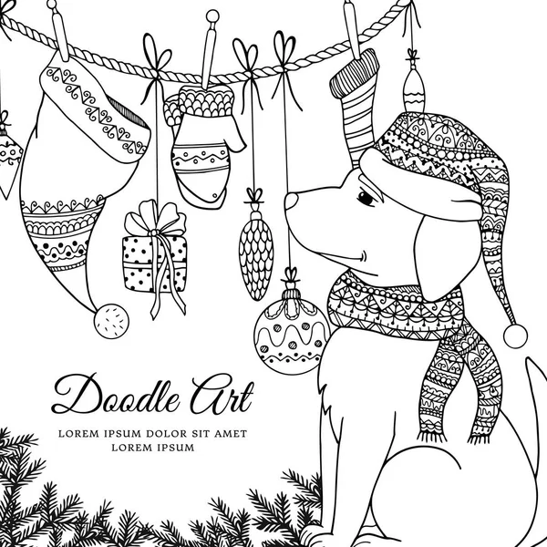 Vektor Weihnachtsillustration zentangl Hund in Schal und Mütze. Doodle-Zeichnung. Malbuch gegen Stress für Erwachsene. Meditationsübungen. schwarz-weiß. Vektorgrafiken