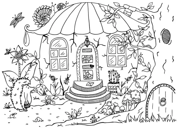 Vektor Illustration zentagl, Igel und ein Haus im Wald. Doodle-Zeichnung. Meditationsübungen. Malbuch gegen Stress für Erwachsene und Kinder. schwarz-weiß. lizenzfreie Stockvektoren