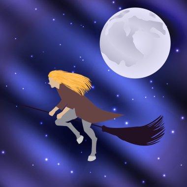 Cadı Cadılar Bayramı uçan süpürge üzerinde tatil ay yıldızlı gökyüzü