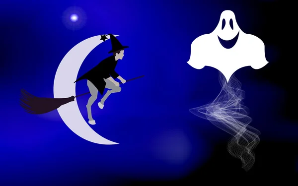 Ilustración vectorial de una bruja en una escoba y fantasmas voladores iluminaron la luna brillante, llegó la fiesta de Halloween — Vector de stock