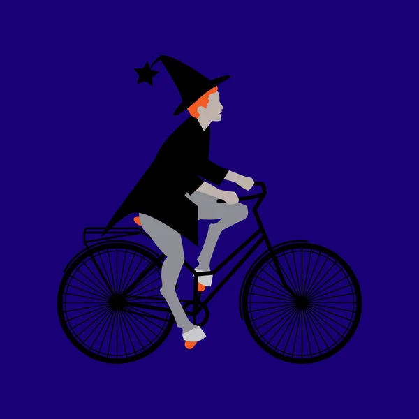 Bruja montando en bicicleta en Halloween, estilo plano — Vector de stock