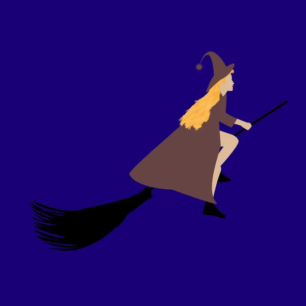 Bruxa voando em uma vassoura no Halloween, estilo plano — Vetor de Stock