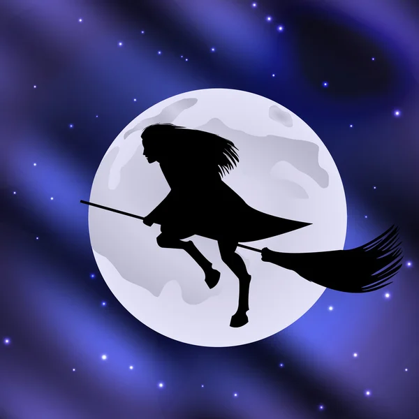 Bruja en un palo de escoba volando halloween vacaciones luna en el cielo estrellado — Vector de stock