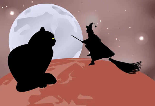 Gato negro sentado en el globo y una bruja volando sobre él en una noche de luna en celebración de Halloween — Vector de stock