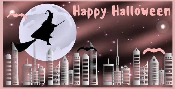 Carte postale pour Joyeux Halloween. Sorcière sur un balai et chauves-souris volent au-dessus de la ville par une nuit de clair de lune — Image vectorielle