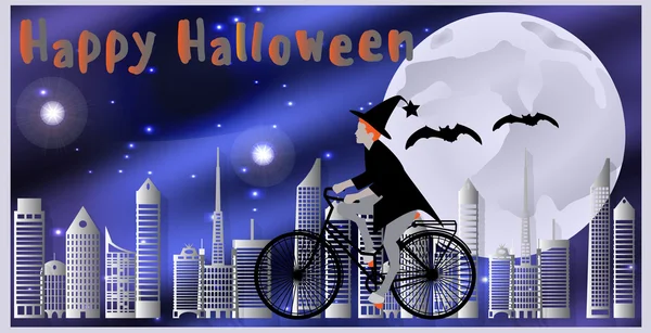 Biglietti per Buon Halloween. Strega in bicicletta, seguita da pipistrelli volanti che sorvolano la città in una notte di luna . — Vettoriale Stock