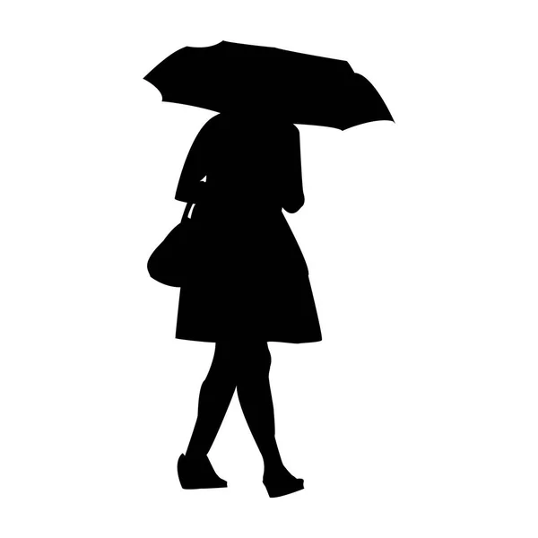Ilustración vectorial de una silueta de una niña caminando bajo la lluvia con un paraguas y una bolsa — Vector de stock
