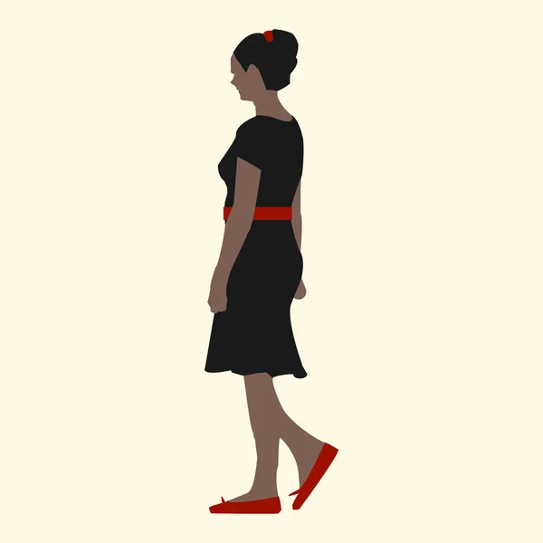 Векторная иллюстрация девушки в черном платье, красные туфли, пояса и заколки для волос прогуливающиеся по городу, плоский стиль — стоковый вектор
