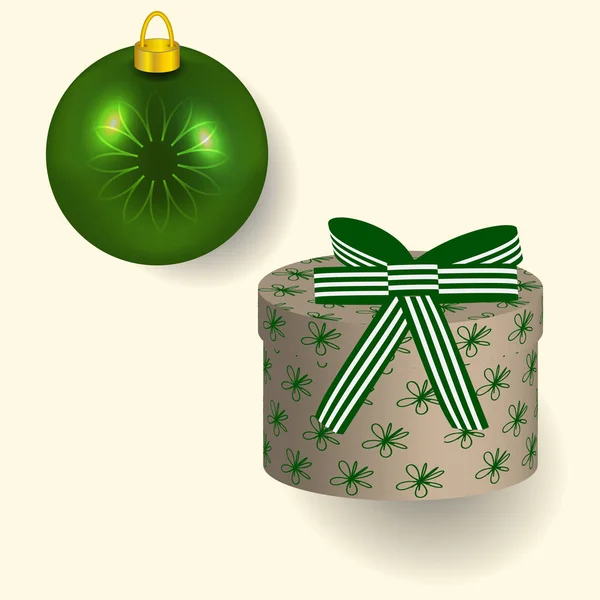 Ilustracja wektorowa w kolorach zielonym świąteczny prezent z kokardą i drzewo piłka odbijająca światła nowy rok. — Wektor stockowy