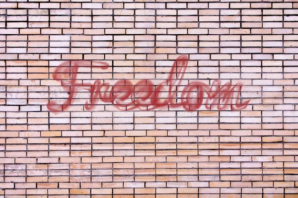 Светло-коричневая кирпичная стена с текстурой фона свободы надписи — стоковое фото
