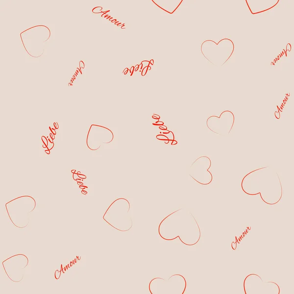 Ilustração vetorial de um padrão sem costura com corações e inscrições de amor em alemão, francês e inglês Dia dos Namorados — Vetor de Stock