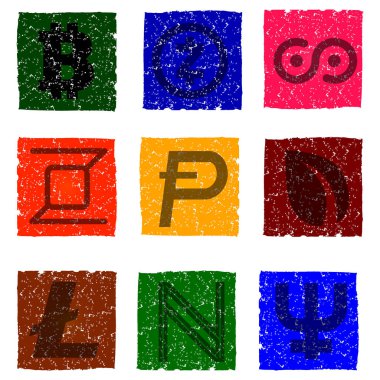 Çok renkli grunge simgeler vektör çizim ile semboller çeşitli dijital elektronik para - namecoin, bitcoin, litecoin, peercoin, potcoin, titcoin, zcash