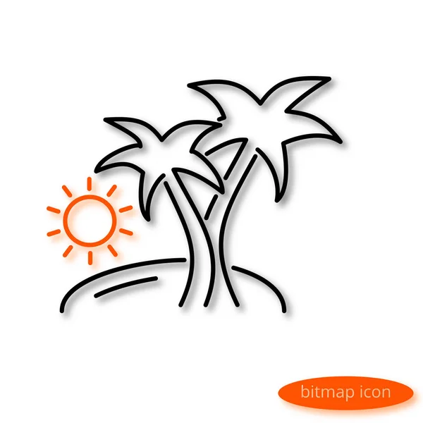 Simple  linear illustration of a landscape with an island, palms and sun at sunset or sunrise, a flat line icon