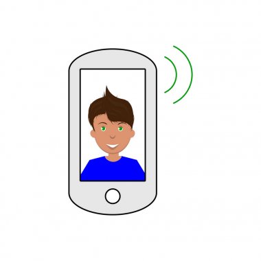 Ekran, bir sosyal ağ veya Web sitesi için düz bir simgesi üzerinde gülümseyen bir adam ile bir ses yayın bir akıllı telefon vektör görüntü