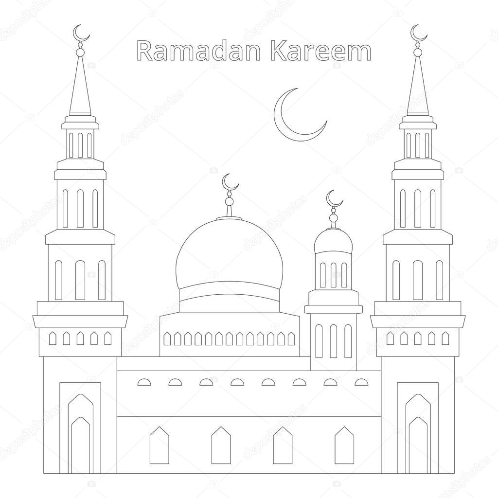 Vector drawing of a thin line in one pixel of the buildings of the mosque, the month on it and the inscription Ramadan Kareem, for self-coloring