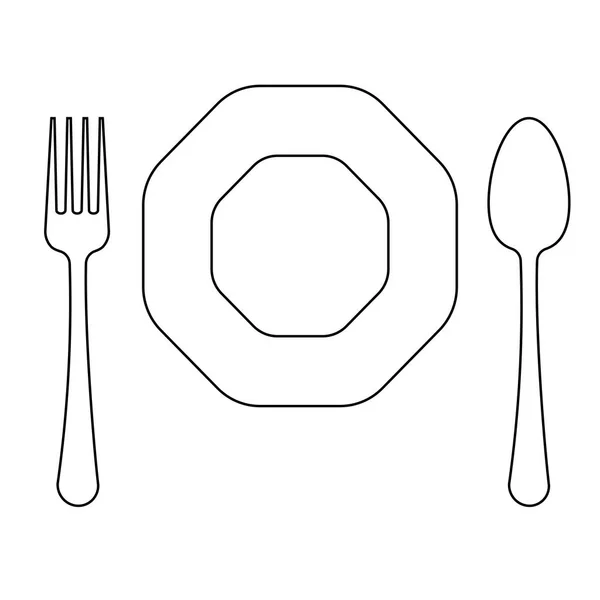 Vektör çizim ince çizgi çatal, sekizgen tabak ve kaşık, düz çizgi simgesi