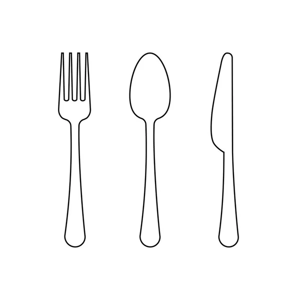 Vektorové kreslení tenká linie vidličku, lžíci a nůž, ploché lineární ikonu — Stockový vektor