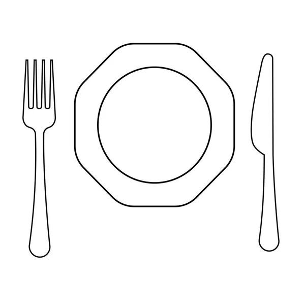 Vektorové kreslení tenká linie vidlice, osmiboký talíř a nožem, plochý řádku ikonu — Stockový vektor