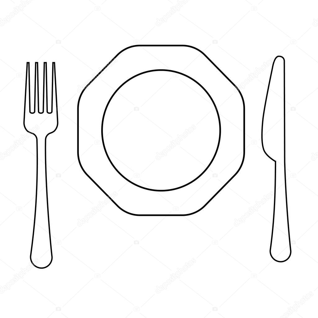 Vector drawing of thin line fork , octagonal plate and knife, flat line icon