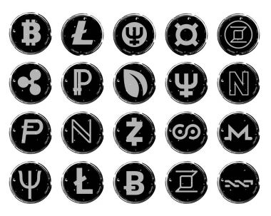 Yirmi bitcoin gibi dijital Kripto para çeşitli semboller görüntüleri ile siyah beyaz simgeler vektör