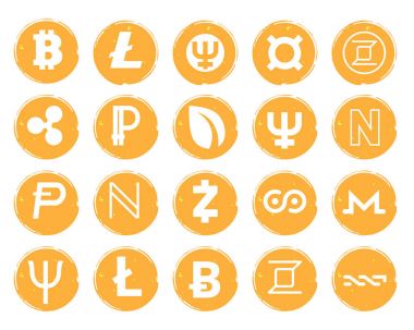 Yirmi Bitcoin gibi dijital Kripto para çeşitli sembolleri beyaz görüntüleri ile altın simgeler vektör