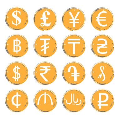 Sixteen yellow-gray vector grunge icons with white images of modern currency symbols of various countries, for exchange offices clipart
