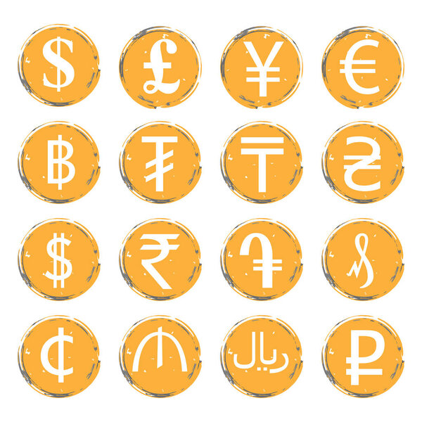 Шестнадцать желто-серых векторных гранж-икон с белыми изображениями современных валютных символов разных стран, для обменных пунктов
