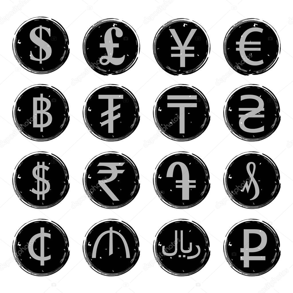 Sixteen black and white vector grunge icons with images of modern currency symbols of various countries, for exchange offices