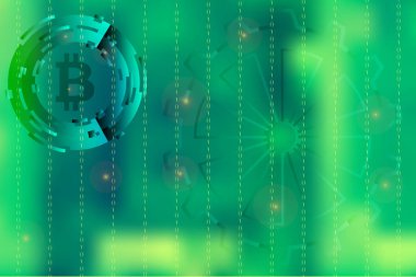 Resim arka plan bulanık ile üzerinde hareket illüstrasyon için ikili kod ve bitcoin sembol yeşil ile dijital iş vektör