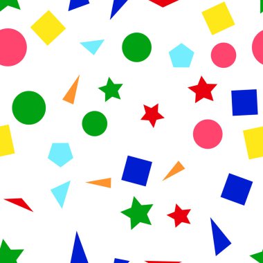 Dikişsiz desen renkli basit şekiller - kareler, üçgen, daire ve beyaz bir arka plan üzerinde yıldız vektör çizim