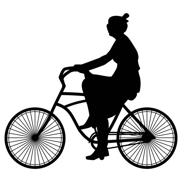 Vectorillustratie van zwarte silhouet voorjaar lopen vrouw fietser in een jurk en zonnebril fietsen op een witte achtergrond, vlakke stijl — Stockvector