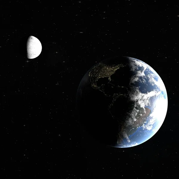 Amerika ve ay, gece kentleri ile planet Earth 3D render kısmen güneş tarafından aydınlatılmış, öğeleri Nasa tarafından döşenmiştir.