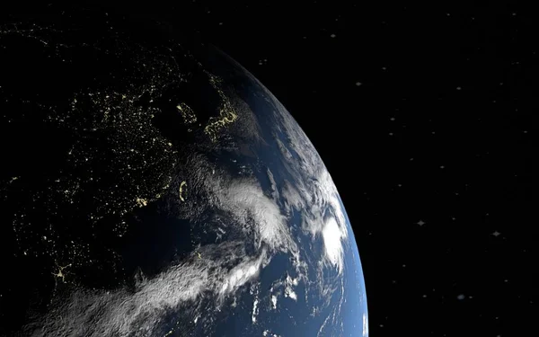 3d representación del planeta tierra con las ciudades nocturnas de China y Japón, parcialmente iluminado por el sol, los elementos son proporcionados por la NASA . — Foto de Stock