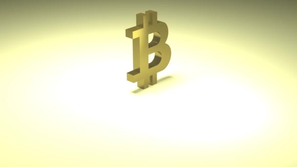 Símbolo dorado de la moneda criptográfica Bitcoin se mueve en el haz de un reflector, representación 3d — Vídeos de Stock
