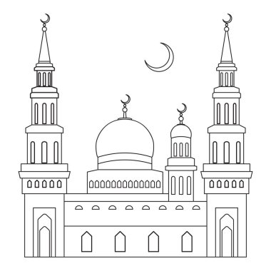 Kubbe ile cami ve minare ile Hilal üzerindeki düz stil, vektör çizim ince bir çizgi ile.