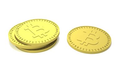 Altın sikke ve ayrı bir sikke yığını dijital Kripto para bitcoin simgesi olan beyaz bir yüzeye, 3d render ışık gölge.