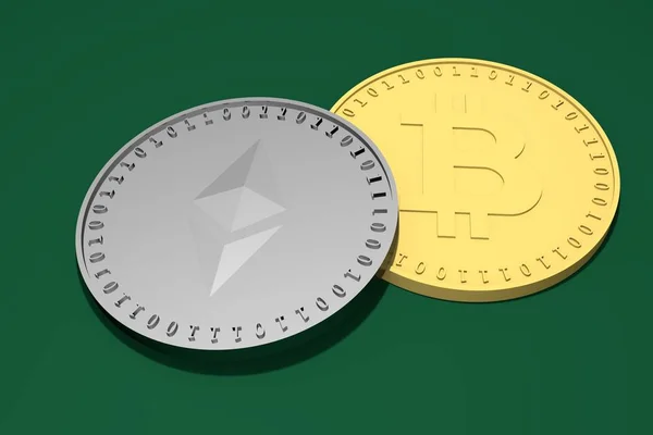 Două monede de argint cu simbolul Ethereum, Etherium de mai sus și unul de aur cu simbolul Bitcoin de mai jos pe un fundal verde, redare 3D . — Fotografie, imagine de stoc