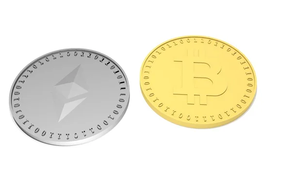 Zwei isolierte Silbermünzen mit dem Symbol des Äthereums, Ätherum und Gold mit dem Bitcoin-Symbol auf weißem Hintergrund, 3D-Darstellung. — Stockfoto