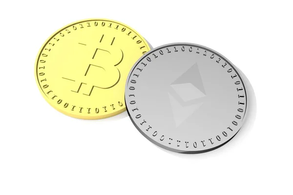 Dwa srebrne monety z symbolem Ethereum, Etherium wyżej i jeden złoty z symbolem Bitcoin poniżej w białe tło, renderowania 3d. — Zdjęcie stockowe
