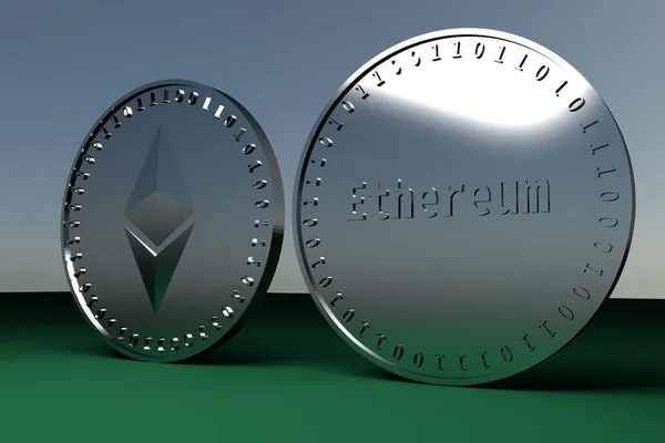 Two coins of digital crypto currency Ethereum standing on the edge, 3d rendering. — Stock Photo, Image