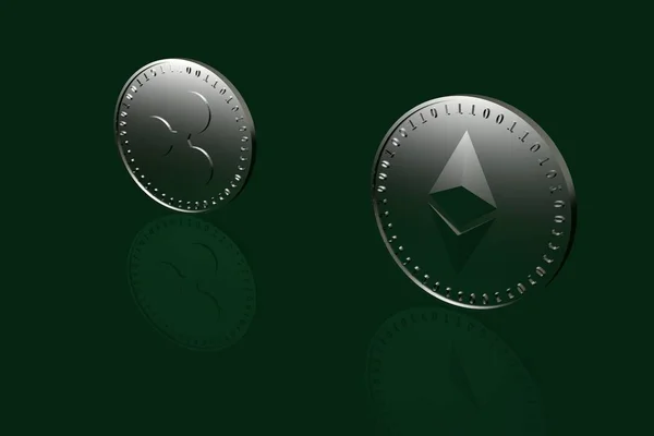 Dwie monety z symbole krypto waluty cyfrowej marszczyć i Ethereum stojących na krawędzi na stół szkło zielone, renderowania 3d. — Zdjęcie stockowe