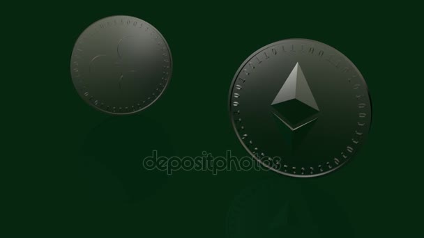 Two coins with symbols of digital crypto currency Ripple and the Ethereum, Etherium rotate on the edges on the glass surface at different speeds, 3d rendering — Stock Video