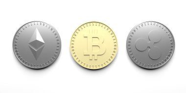 Üç izole sikkeleri üzerinde bir beyaz arka plan - Bitcoin, Ethereum, dalgalanma, 3d render.