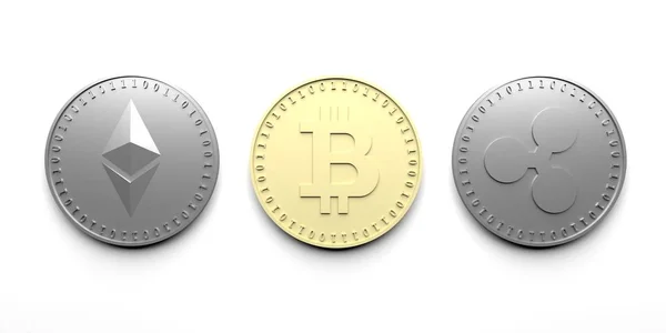Три окремі монети на білому тлі - Bitcoin, Ethereum, пульсація, 3d-рендерінг. — стокове фото