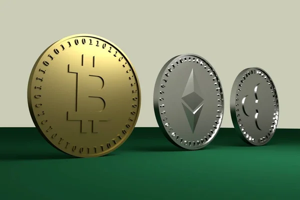 Ethereum, Bitcoin, marszczyć - monety na zielonym suknem, renderowania 3d — Zdjęcie stockowe