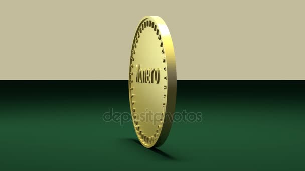 Νομισμάτων με το σύμβολο του νομίσματος ψηφιακό κρυπτο Monero περιστρέφεται στην άκρη σχετικά με το πράσινο πανί, 3d rendering — Αρχείο Βίντεο