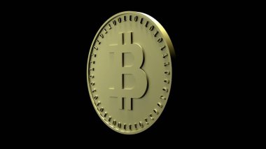 3d render, siyah bir arka plan dijital Kripto para Bitcoin sembolü ve ikili kod ile altın sikke izole.