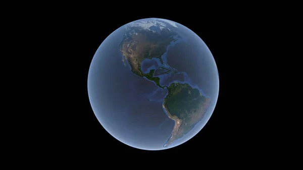 América del Norte y América del Sur rodeados por un océano azul en la bola de la Tierra, un globo aislado, representación 3D . — Foto de Stock